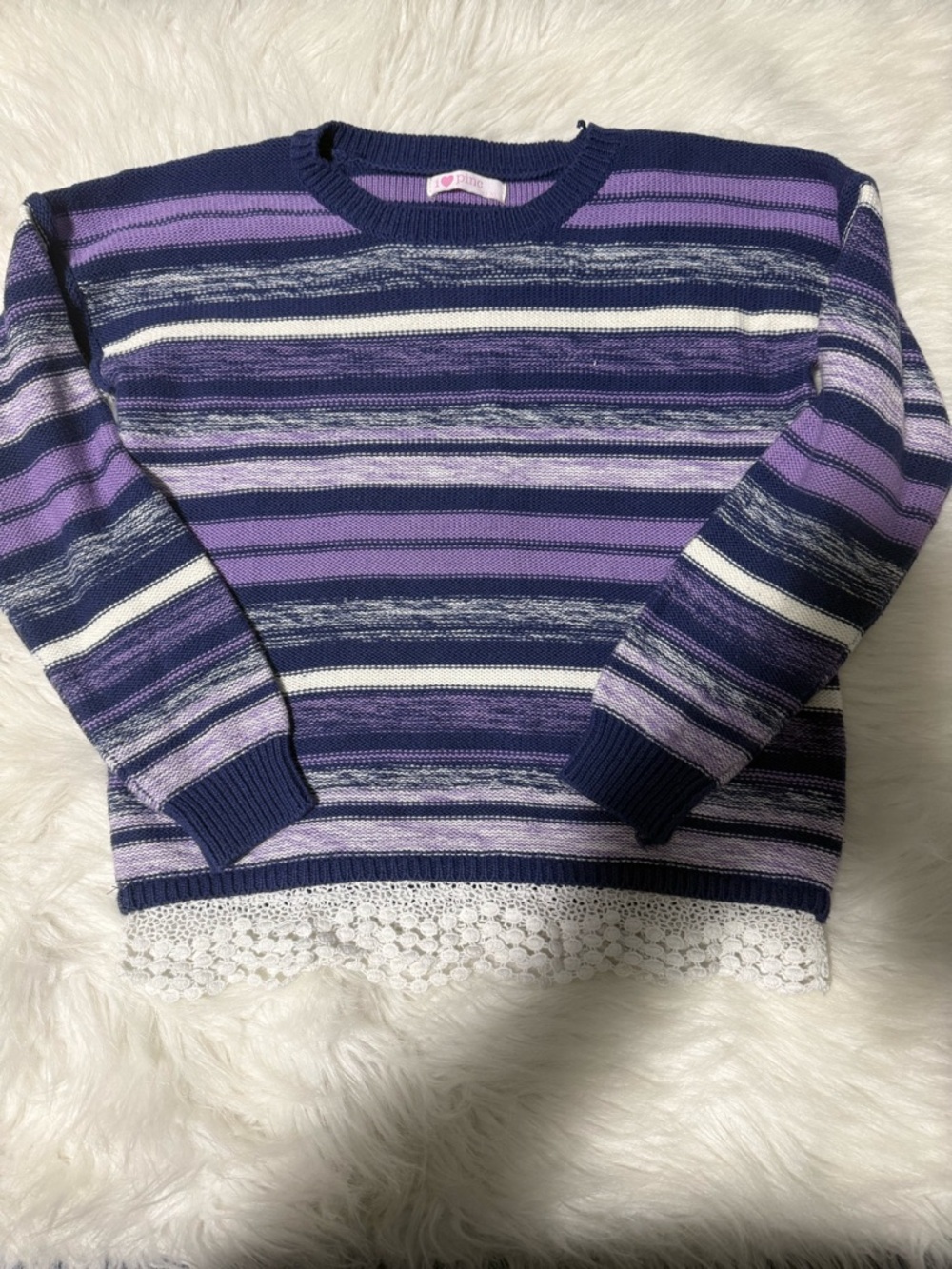 Pinc Purple & Navy Striped Crewneck Sweater with Lace Trim